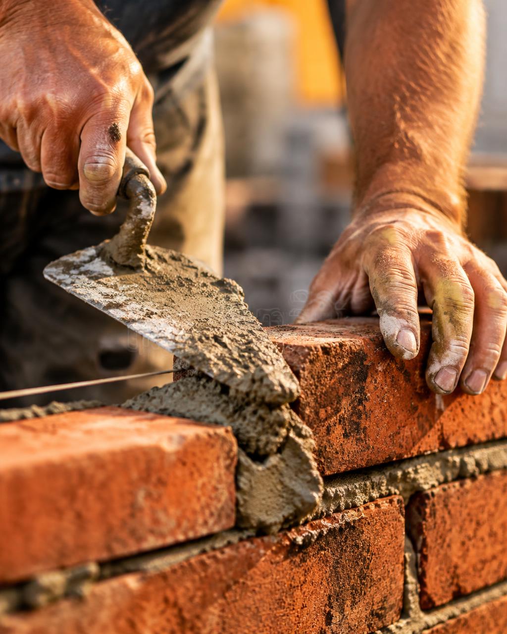 Mason laying brick with a trowel